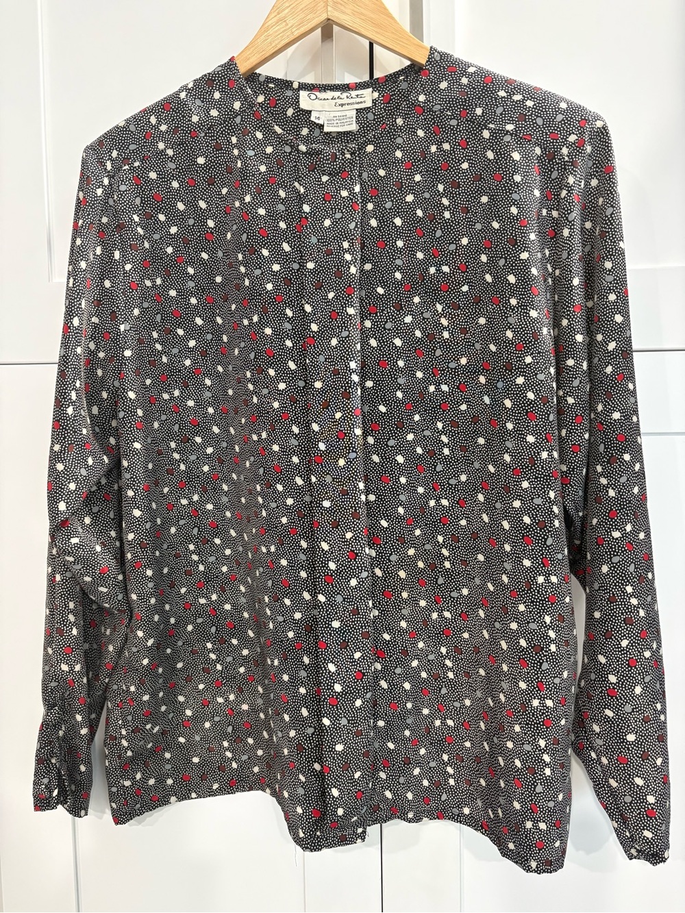 Oscar de la Renta Vintage Black Long-Sleeve Shirt with Red & White Dot Print